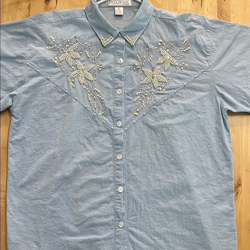 PEGGY SUE PEARL BEADED WOMEN PLUS 2X POWDER-BLUE SILVER WESTERN WEAR 100%-COTTON